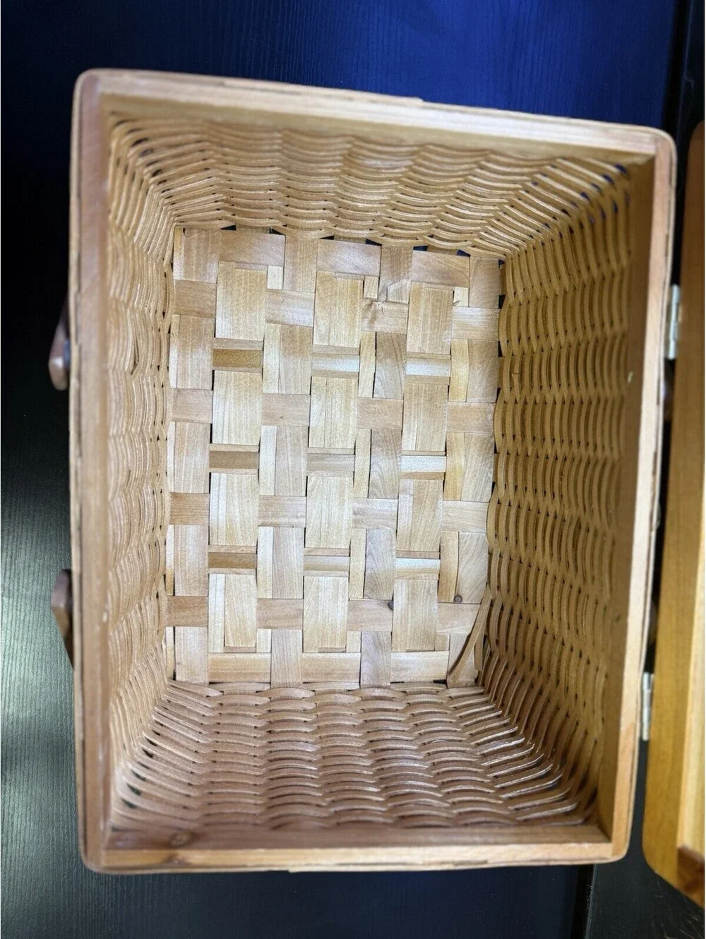 Vintage Woven Wood Picnic Basket Hinged Lid Dual Handles 15x11x9